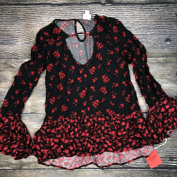 Mossimo Floral Bell Sleeve Peplum Top Boho - Picture 2 of 5